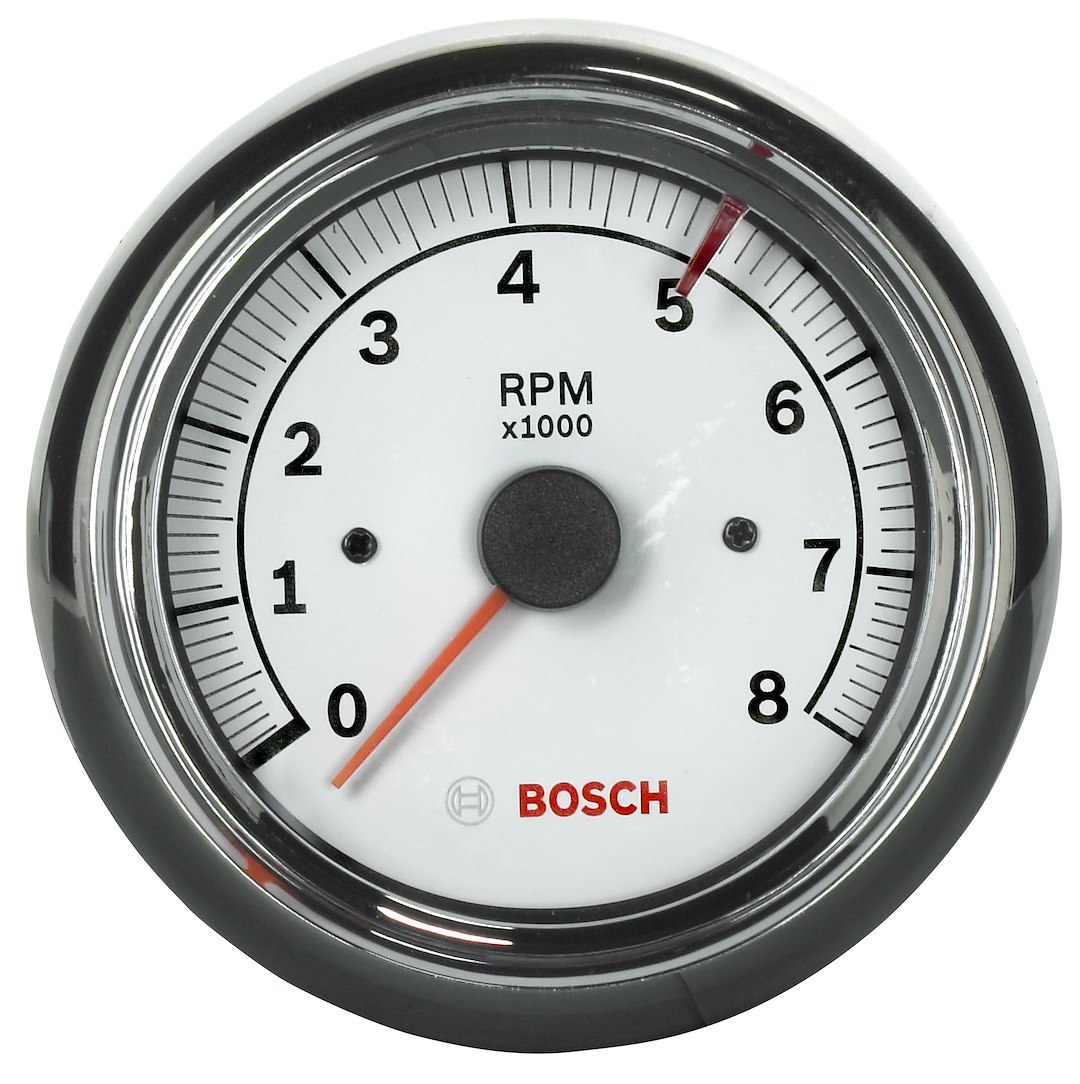 Sunelect/Spx Tachometer, Super Tach II ®, 3-3/8 Inch, Electrical, Analog Display, 0 to 8000 RPM, White Face/ Chrome Bezel/ Red Needle – SP0F000020