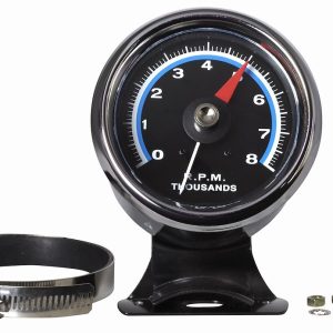 Sunelect/Spx Tachometer, Retro Line ™, 3-3/8 Inch, 250 Degree Sweep, Analog Display, 0 to 8000 RPM, Black Face/ Chrome Bezel/ Red Needle – SP0F000062