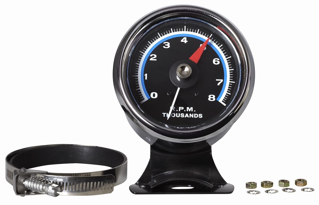 Sunelect/Spx Tachometer, Retro Line ™, 3-3/8 Inch, 250 Degree Sweep, Analog Display, 0 to 8000 RPM, Black Face/ Chrome Bezel/ Red Needle – SP0F000062