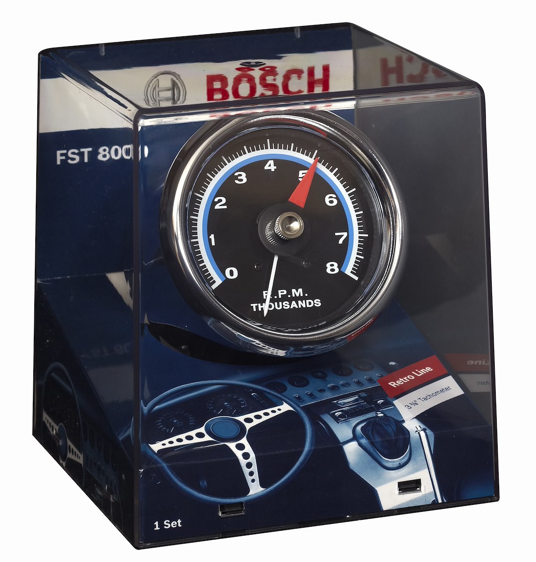 Sunelect/Spx Tachometer, Retro Line ™, 3-3/8 Inch, 250 Degree Sweep, Analog Display, 0 to 8000 RPM, Black Face/ Chrome Bezel/ Red Needle – SP0F000062