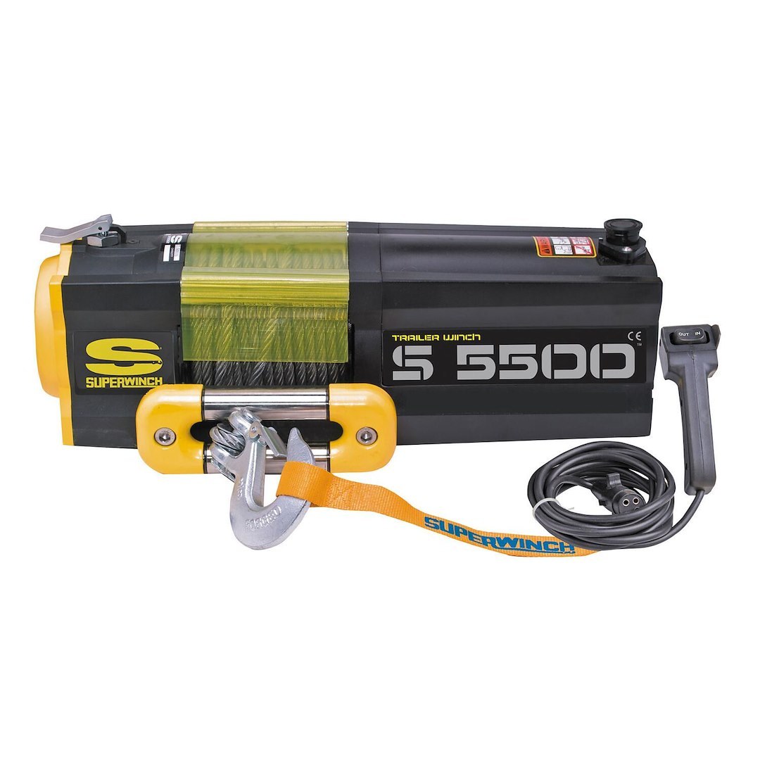 Superwinch Winch, S Series, Vehicle Mounted, Trailer Winch, 12 Volt Electric, 5500 Pound Line Pull Capacity, 9/32 Inch X 60 Foot Wire Rope – 1455200