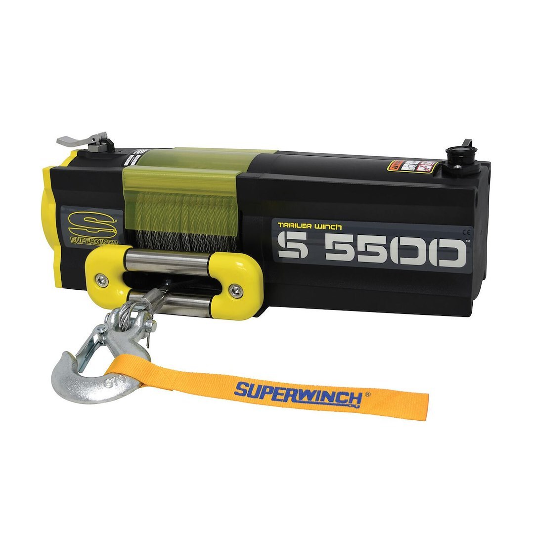 Superwinch Winch, S Series, Vehicle Mounted, Trailer Winch, 12 Volt Electric, 5500 Pound Line Pull Capacity, 9/32 Inch X 60 Foot Wire Rope – 1455200