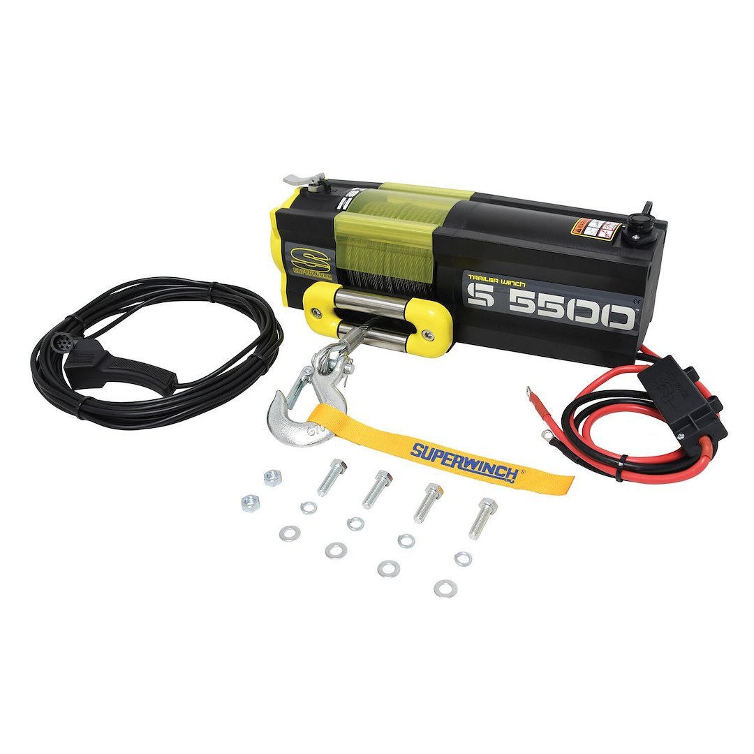 Superwinch Winch, S Series, Vehicle Mounted, Trailer Winch, 12 Volt Electric, 5500 Pound Line Pull Capacity, 9/32 Inch X 60 Foot Wire Rope – 1455200