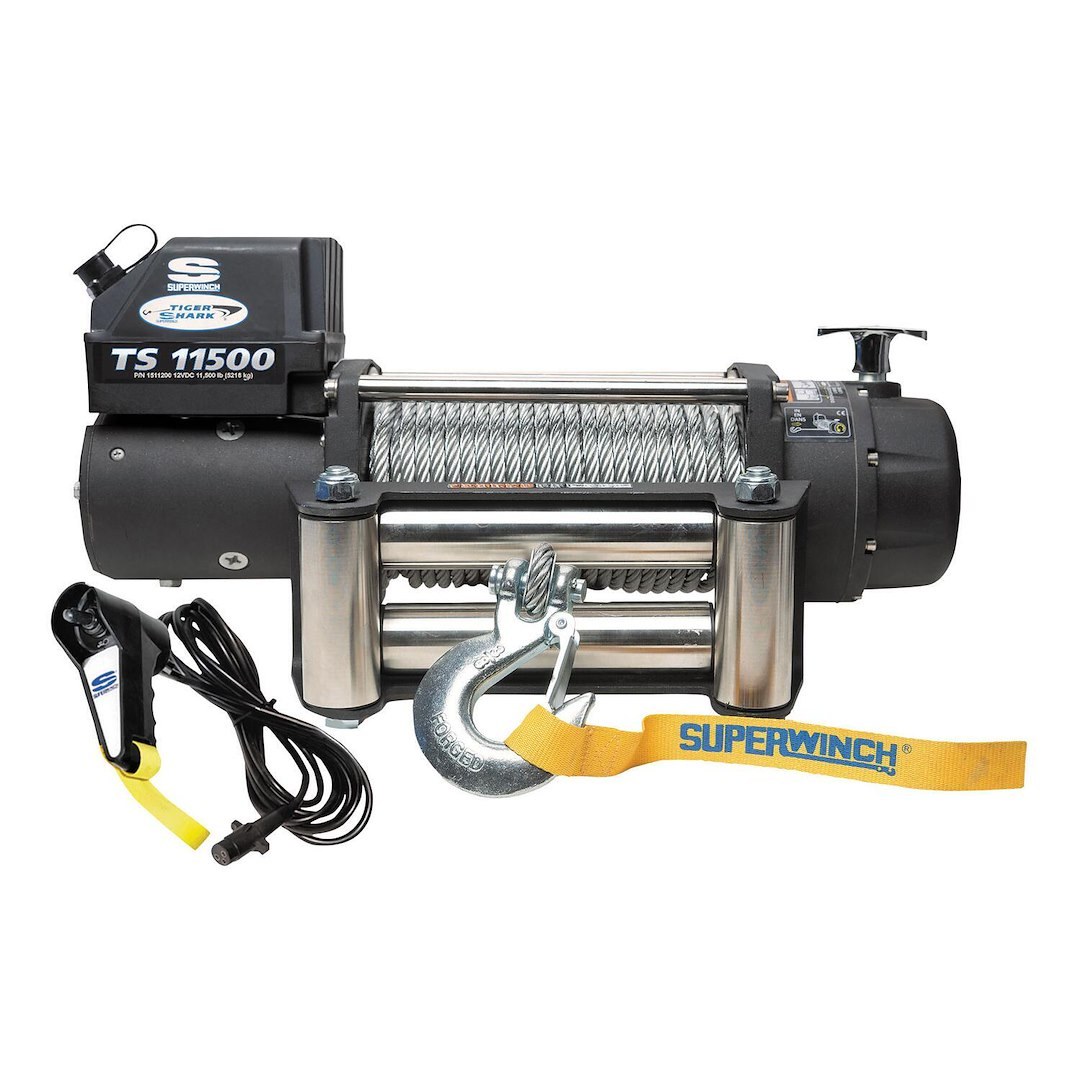 Superwinch Winch, Tiger Shark, Vehicle Mounted, Vehicle Recovery, 12 Volt Electric, 11500 Pound Line Pull Capacity, 84 Foot Wire Rope – 1511200