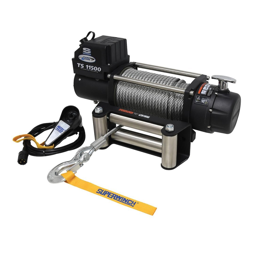Superwinch Winch, Tiger Shark, Vehicle Mounted, Vehicle Recovery, 12 Volt Electric, 11500 Pound Line Pull Capacity, 84 Foot Wire Rope – 1511200