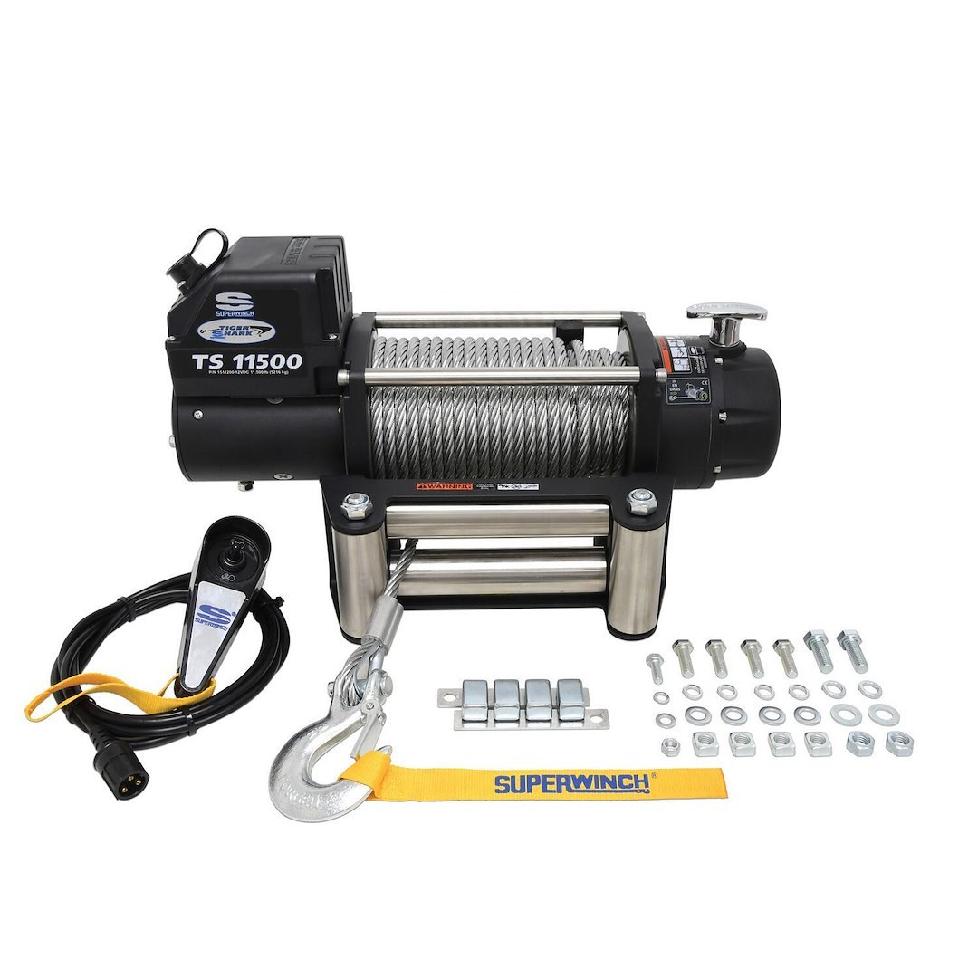 Superwinch Winch, Tiger Shark, Vehicle Mounted, Vehicle Recovery, 12 Volt Electric, 11500 Pound Line Pull Capacity, 84 Foot Wire Rope – 1511200