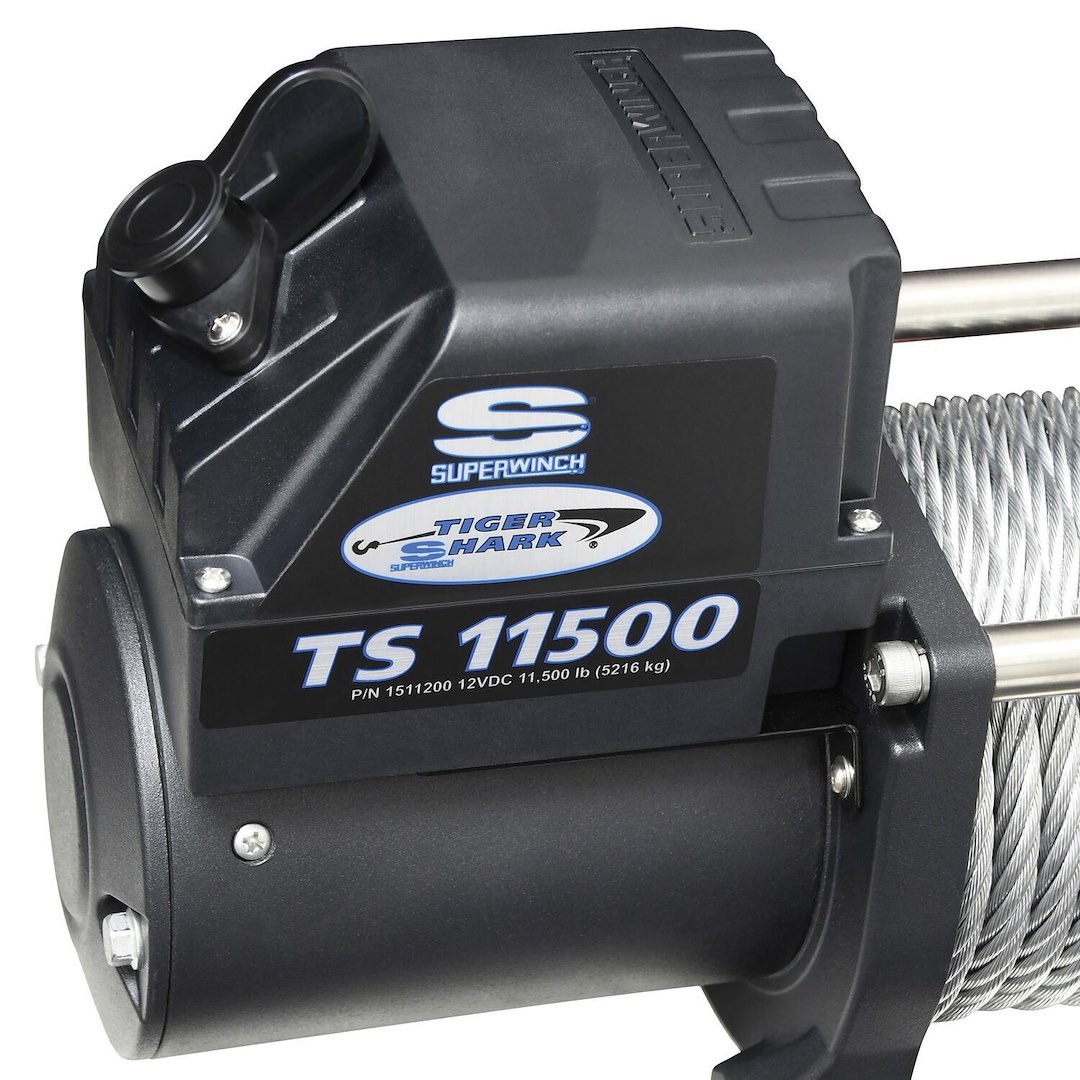 Superwinch Winch, Tiger Shark, Vehicle Mounted, Vehicle Recovery, 12 Volt Electric, 11500 Pound Line Pull Capacity, 84 Foot Wire Rope – 1511200
