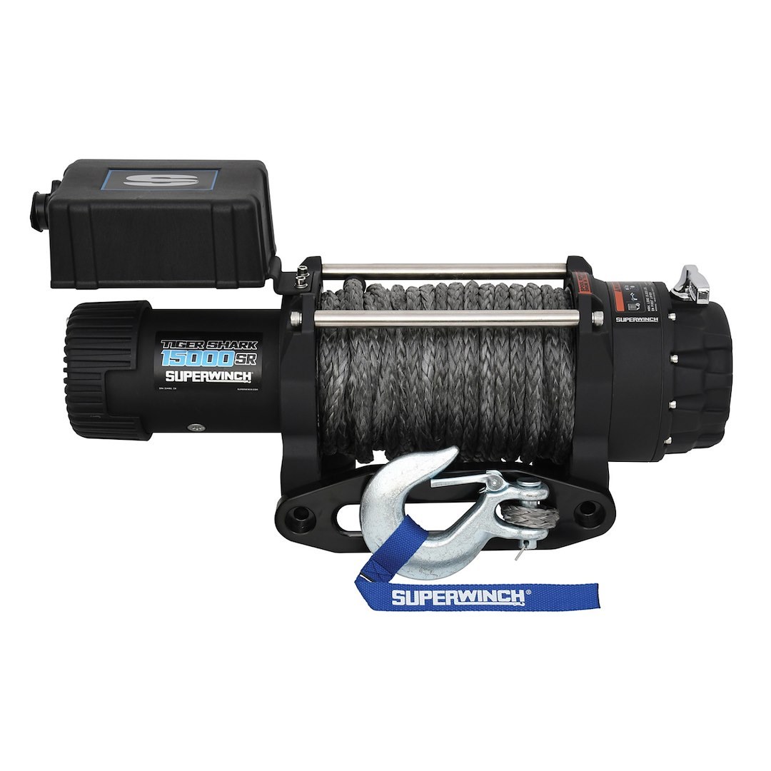 Superwinch Winch, Tiger Shark, Vehicle Mounted, Vehicle Recovery, 12 Volt Electric, 15000 Pound Line Pull Capacity, 78 Foot Synthetic Rope – 1515001