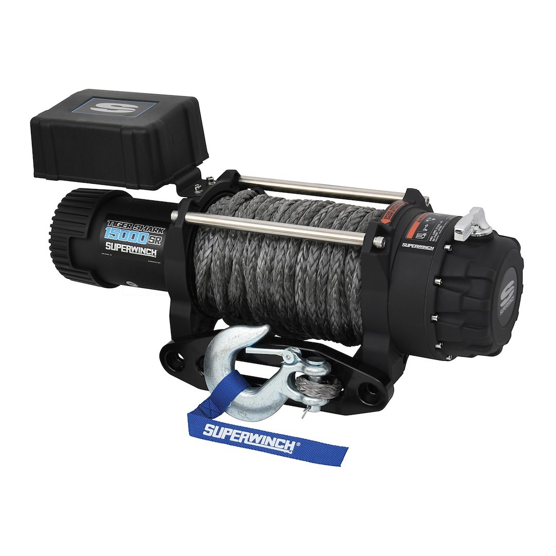 Superwinch Winch, Tiger Shark, Vehicle Mounted, Vehicle Recovery, 12 Volt Electric, 15000 Pound Line Pull Capacity, 78 Foot Synthetic Rope – 1515001