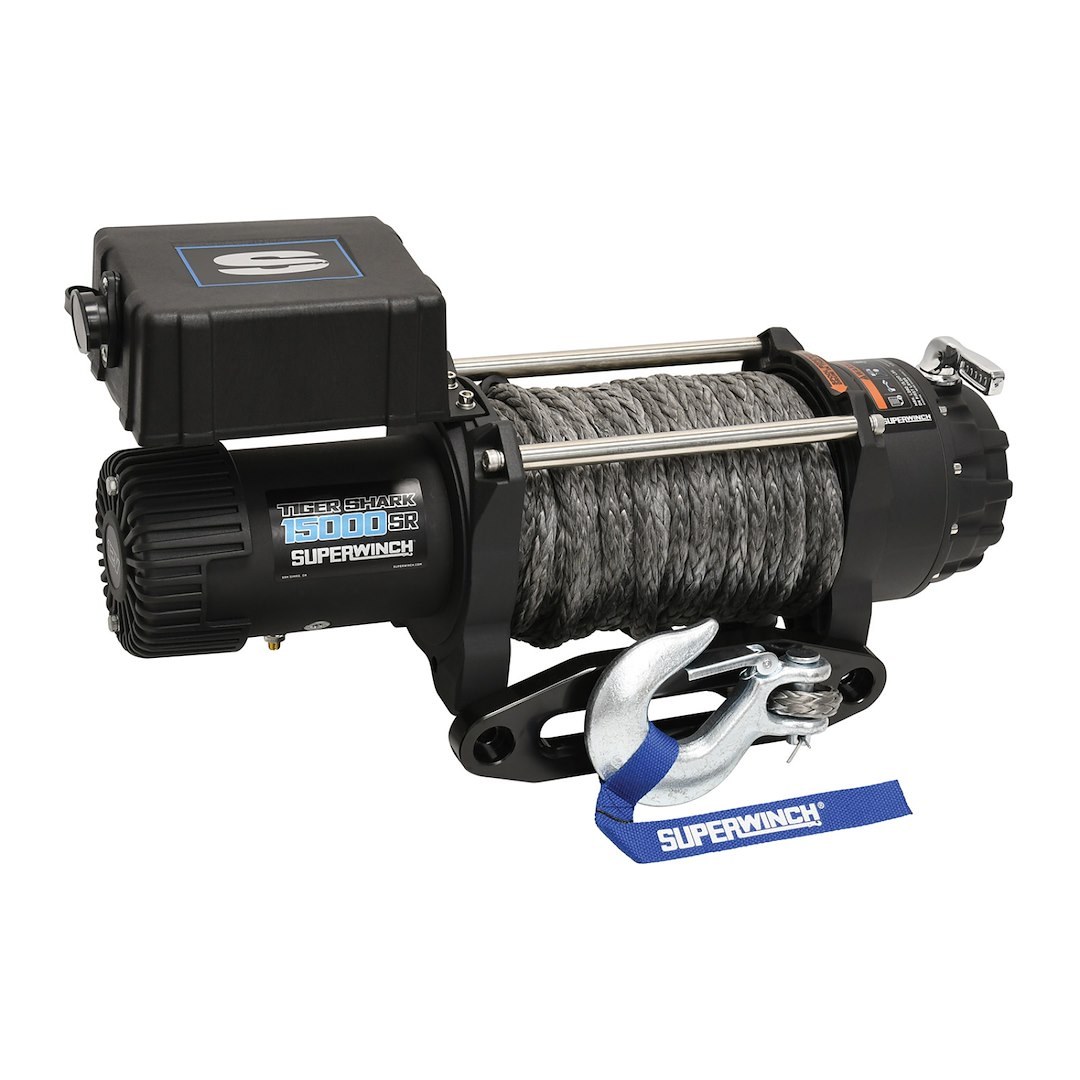 Superwinch Winch, Tiger Shark, Vehicle Mounted, Vehicle Recovery, 12 Volt Electric, 15000 Pound Line Pull Capacity, 78 Foot Synthetic Rope – 1515001