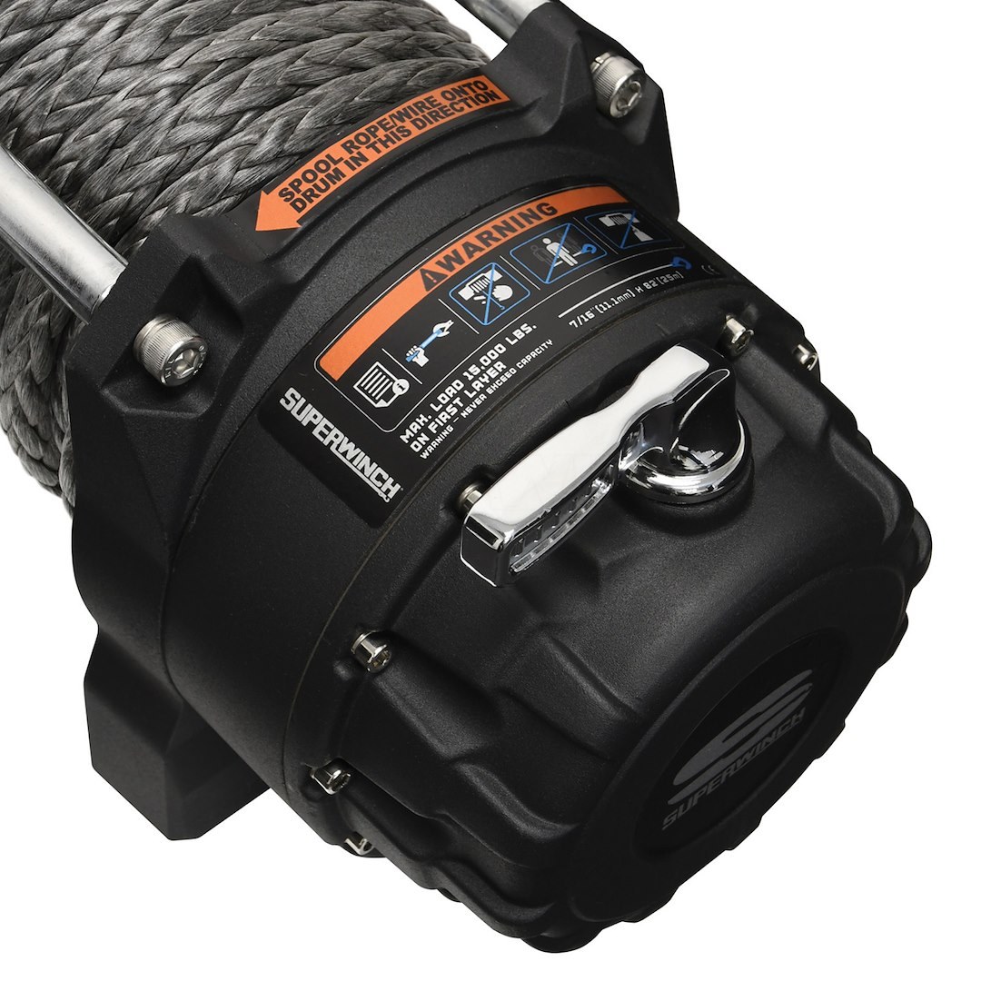 Superwinch Winch, Tiger Shark, Vehicle Mounted, Vehicle Recovery, 12 Volt Electric, 15000 Pound Line Pull Capacity, 78 Foot Synthetic Rope – 1515001