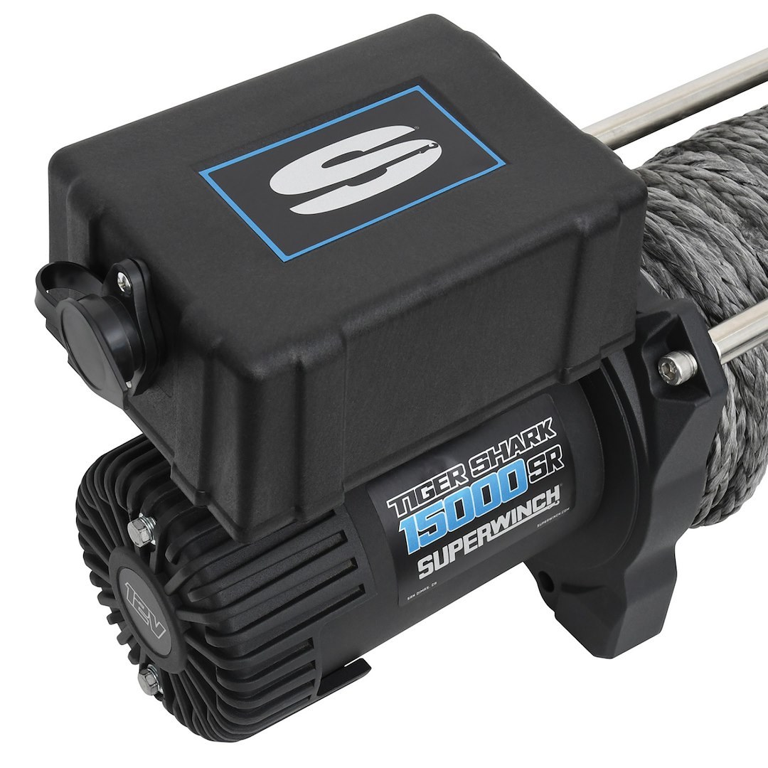 Superwinch Winch, Tiger Shark, Vehicle Mounted, Vehicle Recovery, 12 Volt Electric, 15000 Pound Line Pull Capacity, 78 Foot Synthetic Rope – 1515001