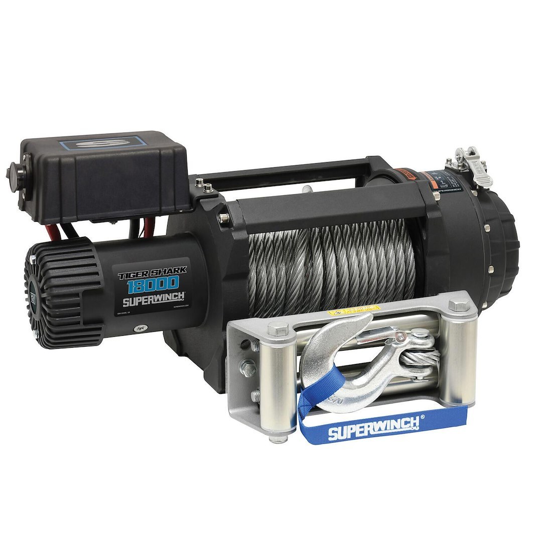 Superwinch Winch, Tiger Shark, Vehicle Mounted, Vehicle Recovery, 12 Volt Electric, 18000 Pound Line Pull Capacity, 85 Foot Wire Rope – 1518000