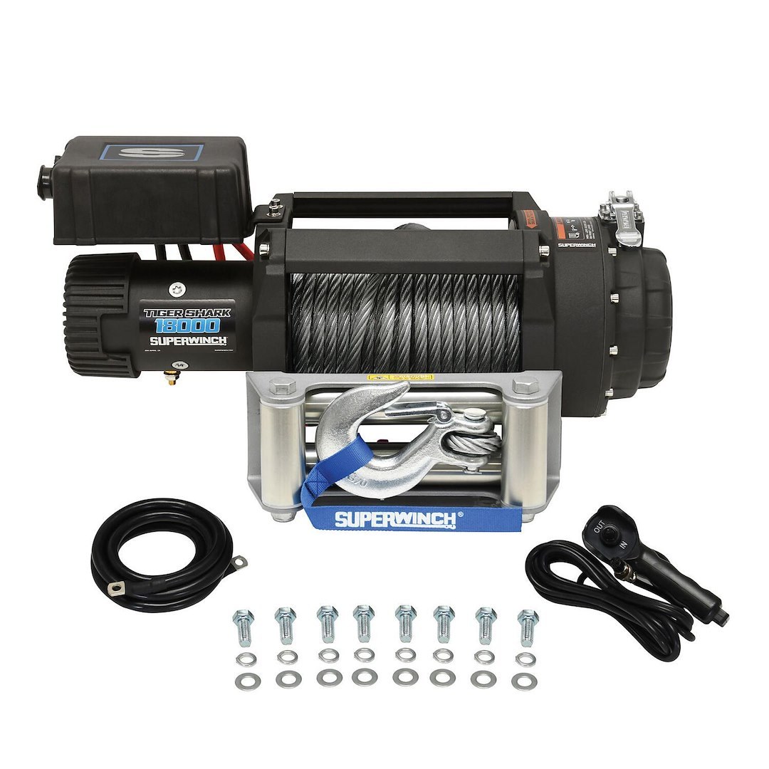 Superwinch Winch, Tiger Shark, Vehicle Mounted, Vehicle Recovery, 12 Volt Electric, 18000 Pound Line Pull Capacity, 85 Foot Wire Rope – 1518000