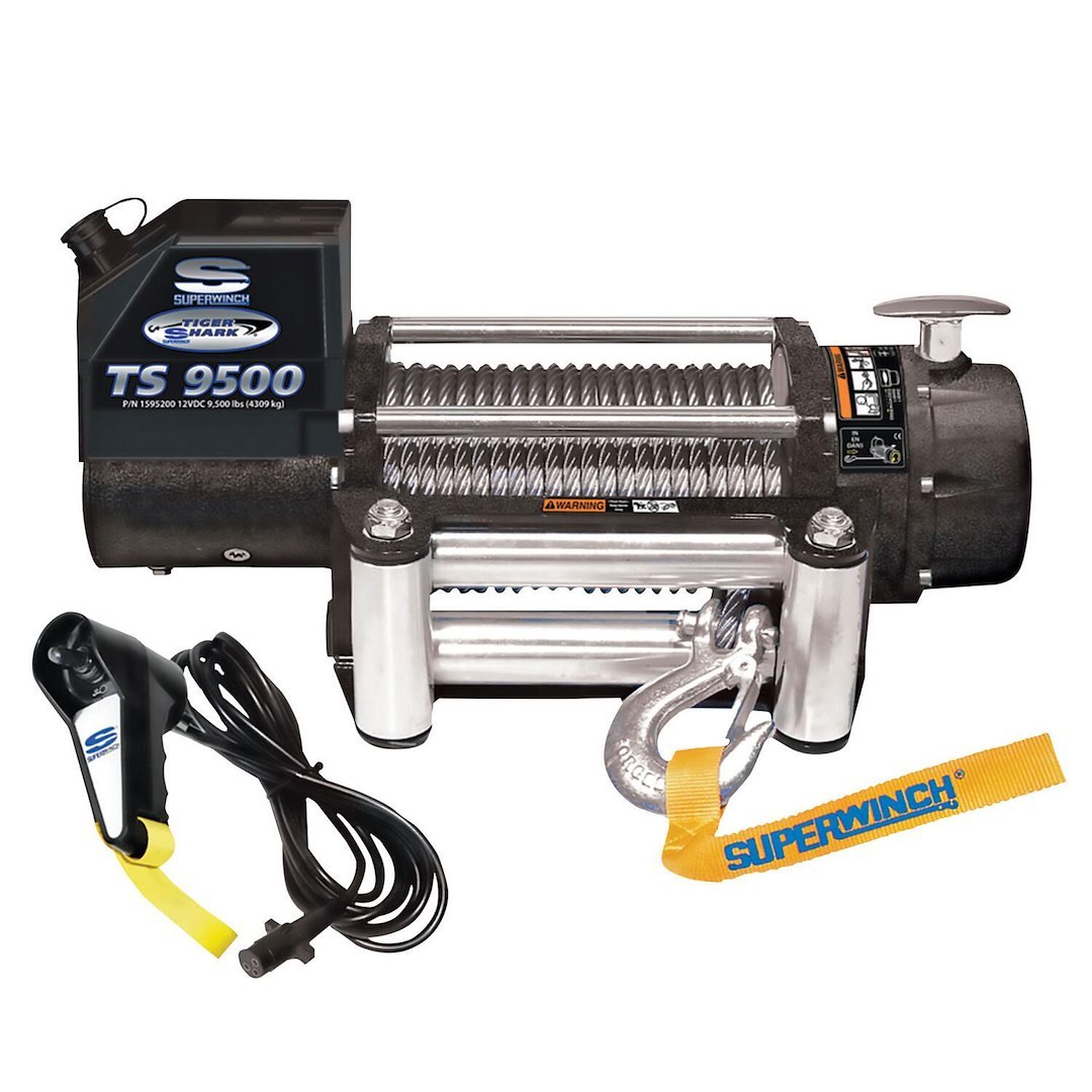 Superwinch Winch, Tiger Shark, Vehicle Mounted, Vehicle Recovery, 12 Volt Electric, 9500 Pound Line Pull Capacity, 95 Foot Wire Rope – 1595200