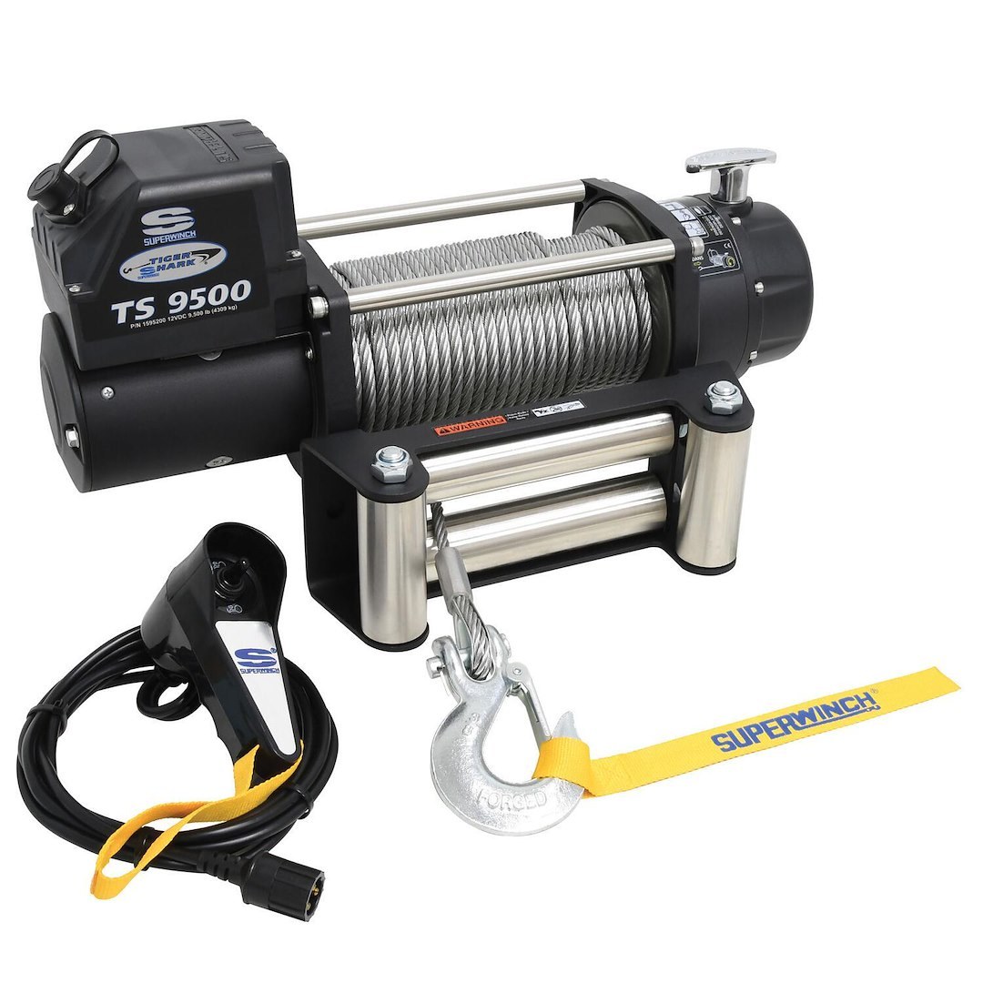 Superwinch Winch, Tiger Shark, Vehicle Mounted, Vehicle Recovery, 12 Volt Electric, 9500 Pound Line Pull Capacity, 95 Foot Wire Rope – 1595200