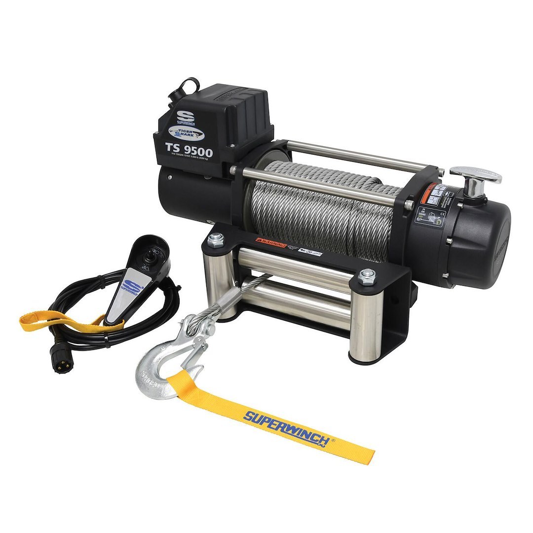 Superwinch Winch, Tiger Shark, Vehicle Mounted, Vehicle Recovery, 12 Volt Electric, 9500 Pound Line Pull Capacity, 95 Foot Wire Rope – 1595200