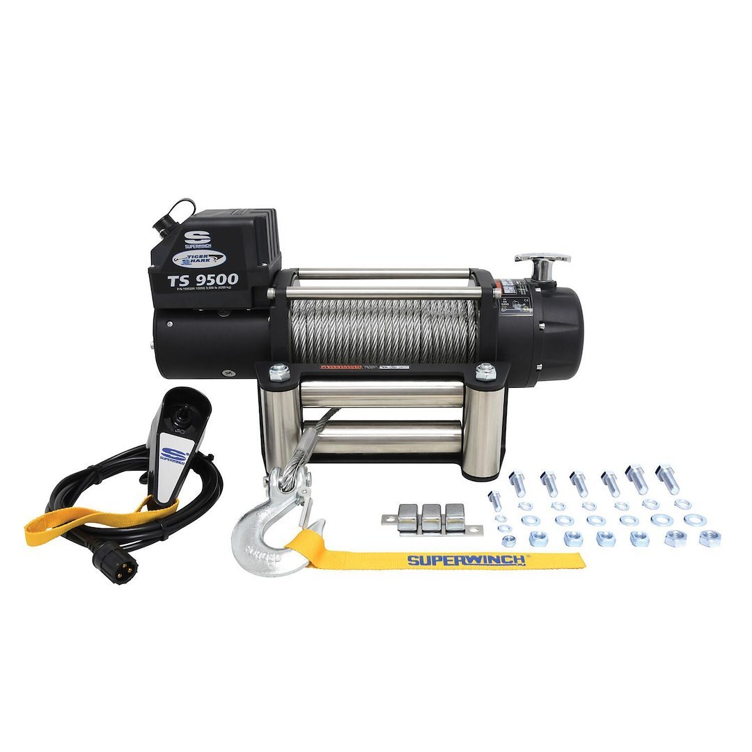 Superwinch Winch, Tiger Shark, Vehicle Mounted, Vehicle Recovery, 12 Volt Electric, 9500 Pound Line Pull Capacity, 95 Foot Wire Rope – 1595200