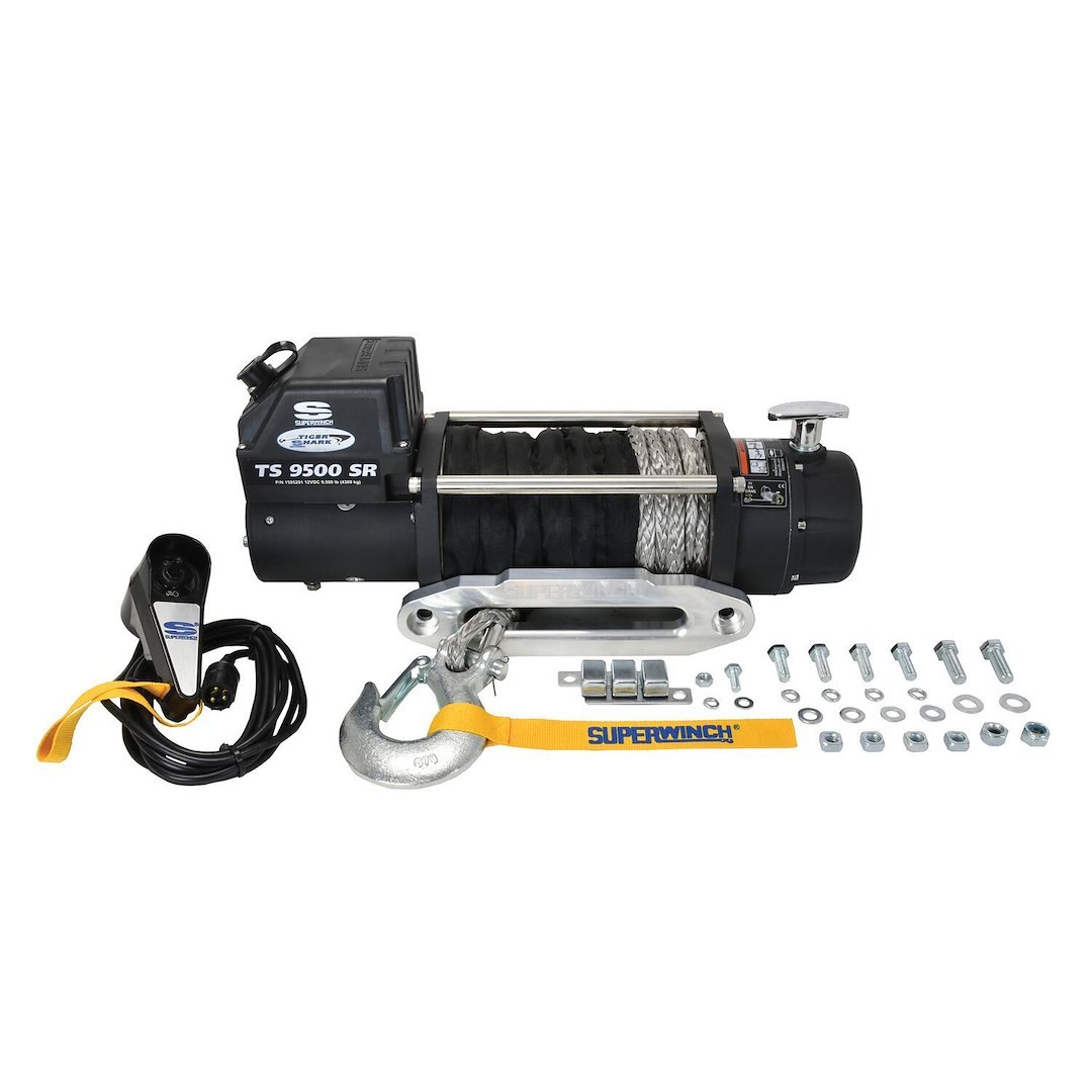 Superwinch Winch, Tiger Shark, Vehicle Mounted, Vehicle Recovery, 12 Volt Electric, 9500 Pound Line Pull Capacity, 80 Foot Synthetic Rope – 1595201