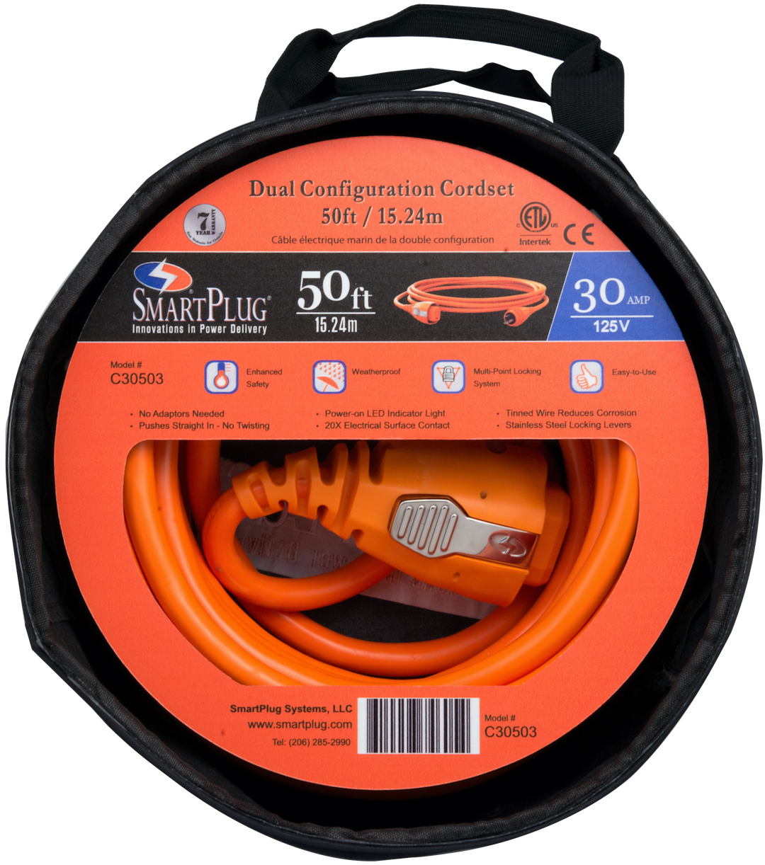 Smart Plug Power Cord, Power Supply Cord for Boats, 30 Amp, 50 Foot Length, Dual Configuration – C30503BM30NT