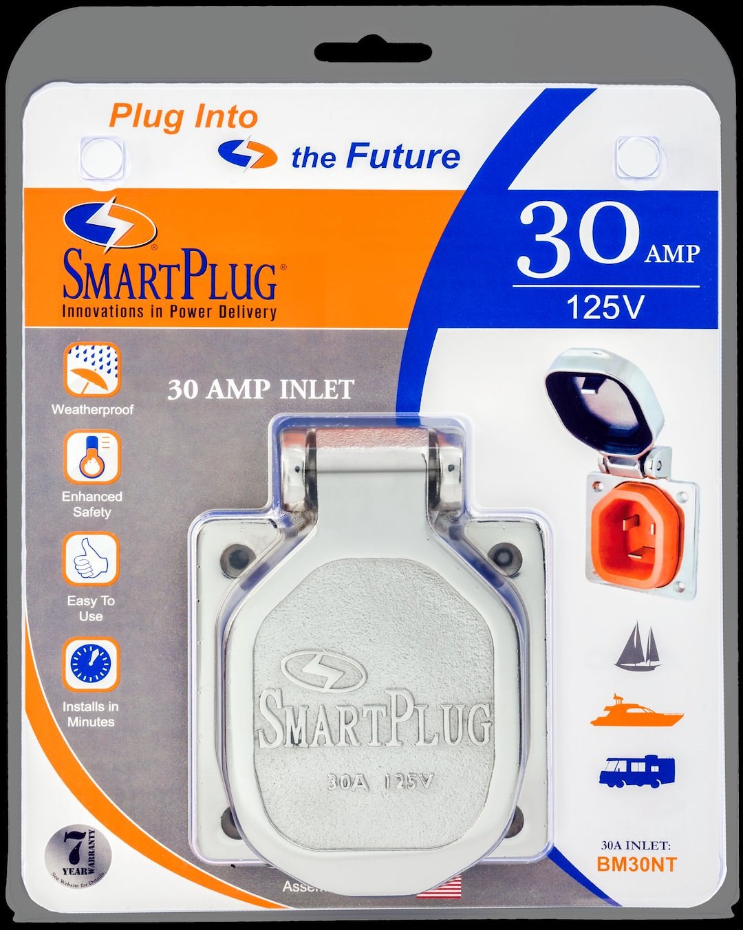 Smart Plug Power Inlet Port, Manual Power Disconnect, 30 Ampere, 125 Volt, Boatside Male Inlet, Stainless Steel, Multi Point Locking System – BM30NT