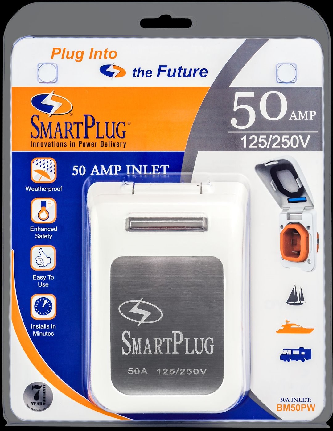Smart Plug Power Inlet Port, Manual Power Disconnect, 50 Ampere, 125/ 250 Volt, Boatside Male Inlet, White, Non-Metallic – BM50PW