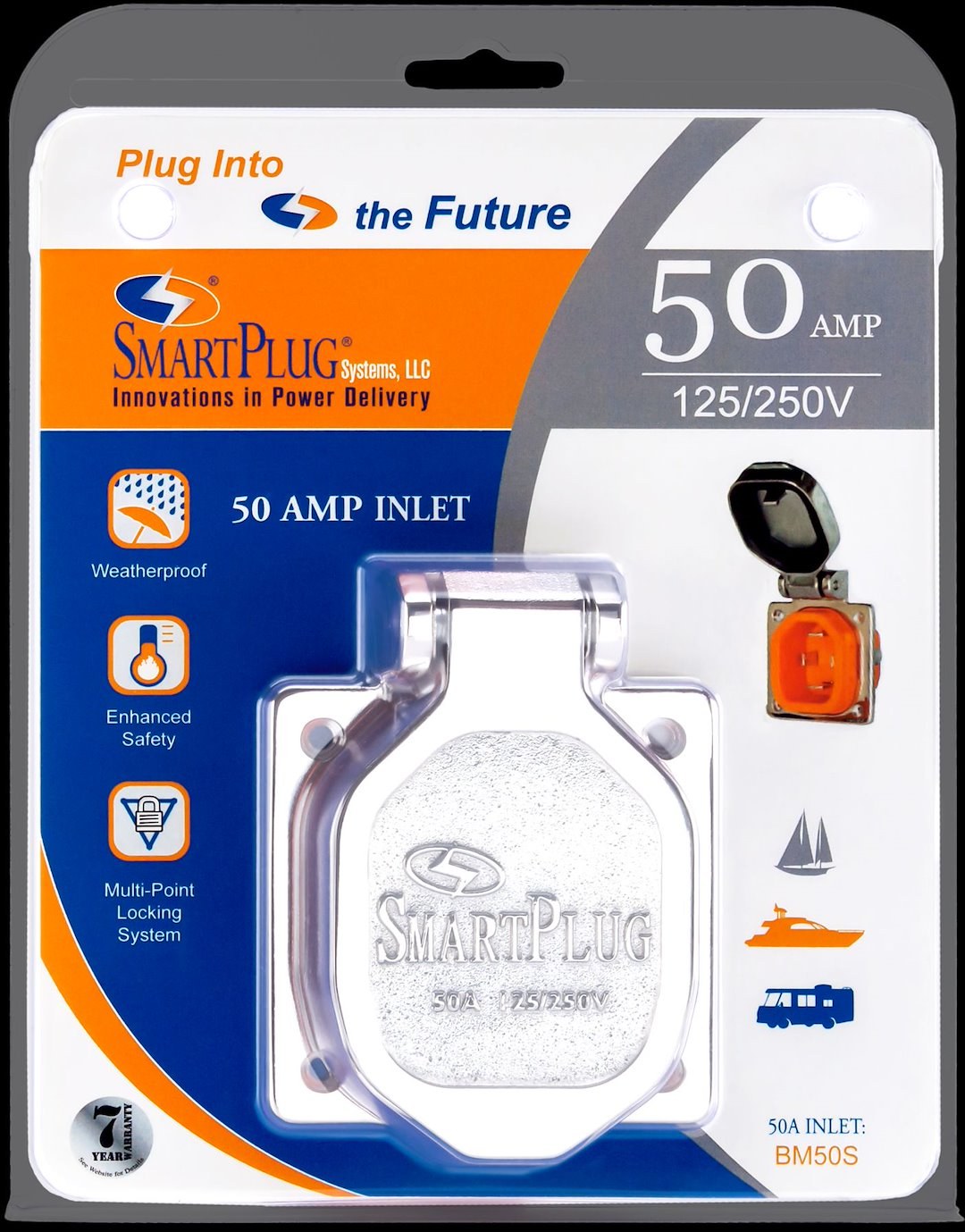 Smart Plug Power Inlet Port, Manual Power Disconnect, 50 Ampere, 125/ 250 Volt, Boatside Male Inlet, Stainless Steel – BM50S