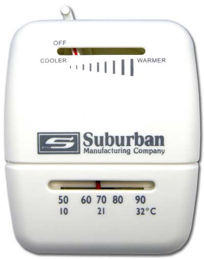 Suburban Manufacturing Wall Thermostat, Single Stage, For Heat Control, Mechanical Readout, White Case – 161154