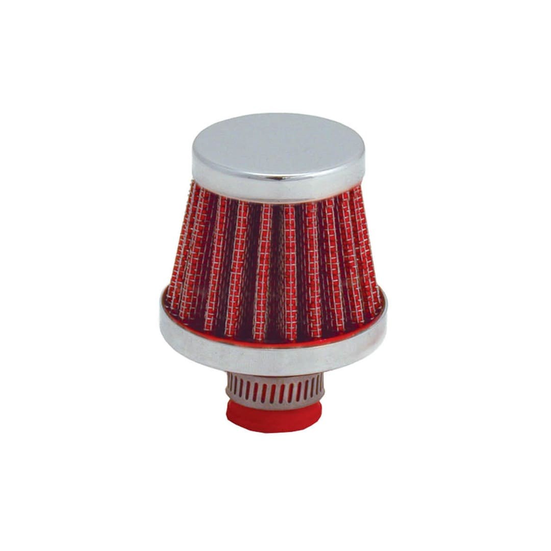 Spectre Crankcase Breather Filter, Clamp-On Mini Cone with 10 Millimeter Inside Diameter Inlet/ Red Filter, With Red Base/ Chrome Top – 3992