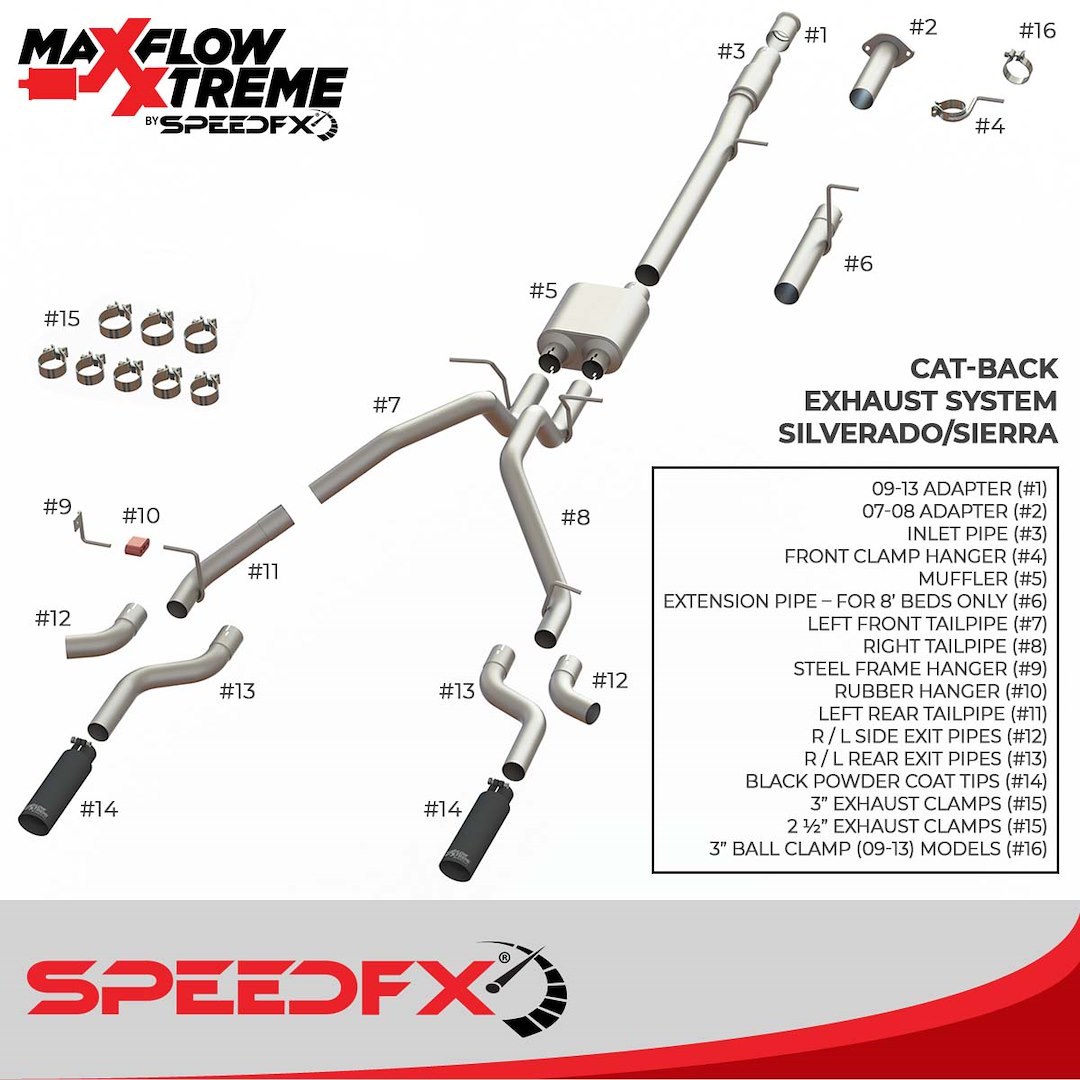 SpeedFX Exhaust System Kit, Maxflow Xtreme Cat Back System, 304 Stainless Steel, With Maxflow Xtreme Muffler, 3 Inch Inlet Diameter – 50100
