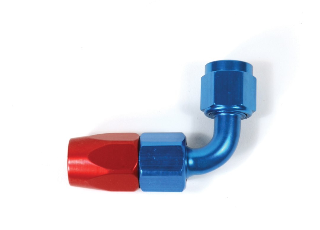 SpeedFX Hose End Fitting, Full Swivel, -4AN, 90 Degree, Anodized, Red/Blue, Aluminum, Single – 510490