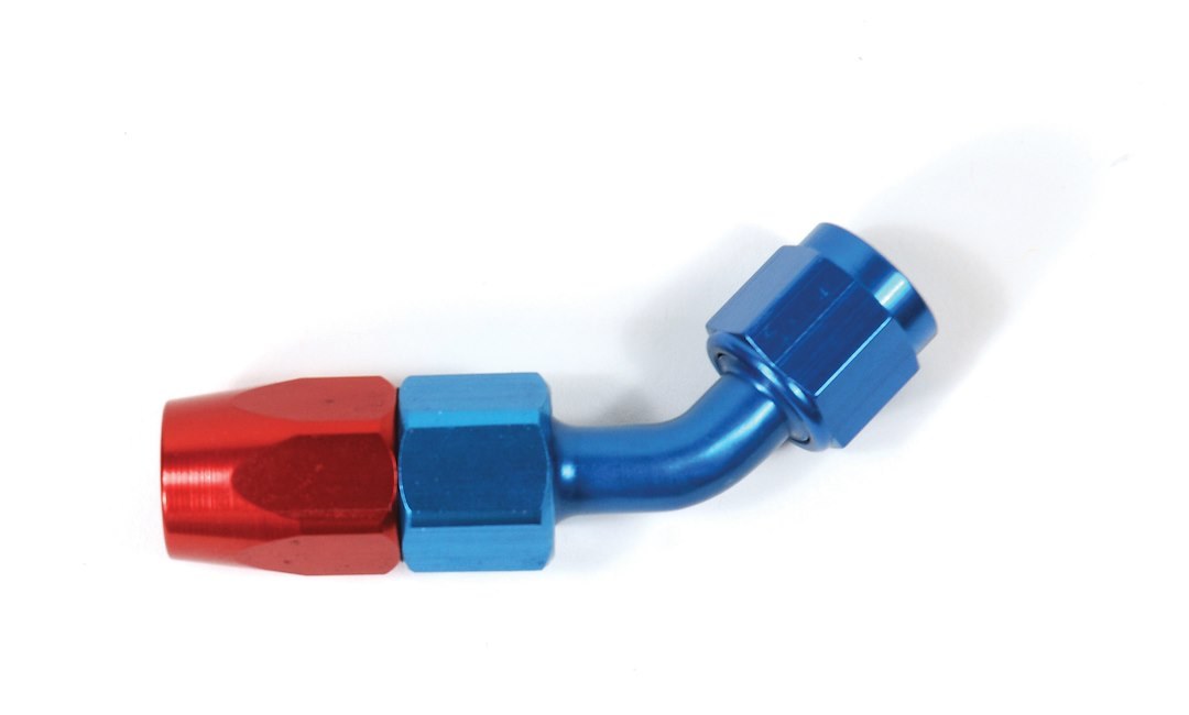 SpeedFX Hose End Fitting, Full Swivel, -6AN, 45 Degree, Anodized, Red/Blue, Aluminum, Single – 510645