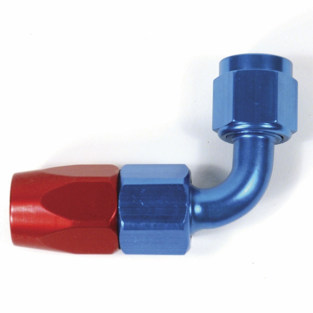 SpeedFX Hose End Fitting, Full Swivel, -12AN, 90 Degree, Anodized, Red/ Blue, Aluminum, Single – 511290