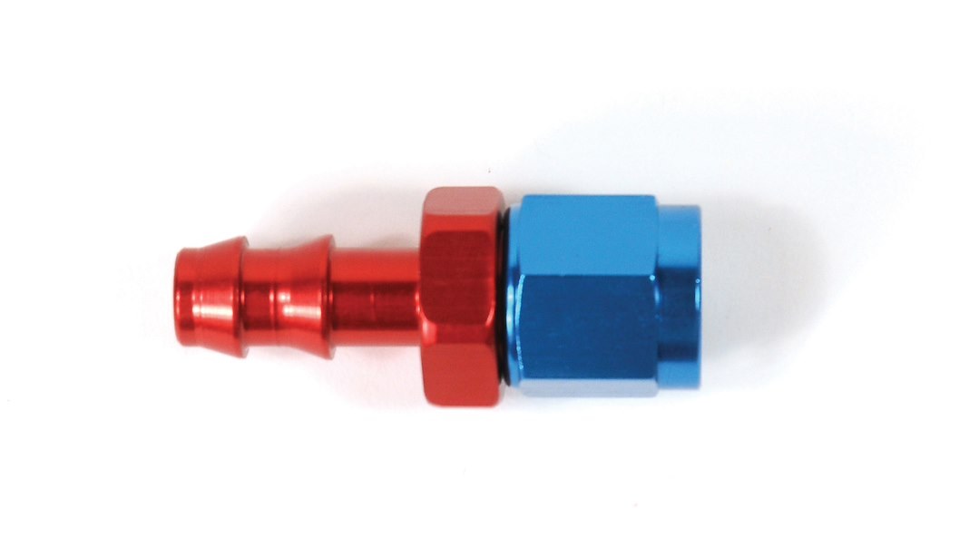 SpeedFX Hose End Fitting, Full Swivel, Push on, -6AN, Straight, Anodized, Red/Blue, Aluminum, Single – 520600