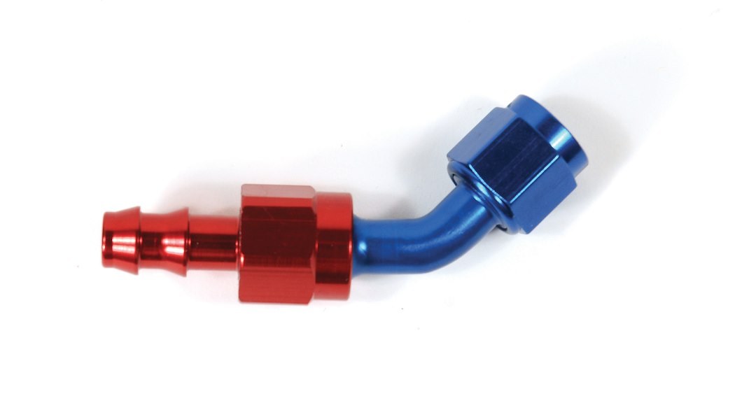 SpeedFX Hose End Fitting, Full Swivel, Push on, -6AN, 45 Degree, Anodized, Red/Blue, Aluminum, Single – 520645
