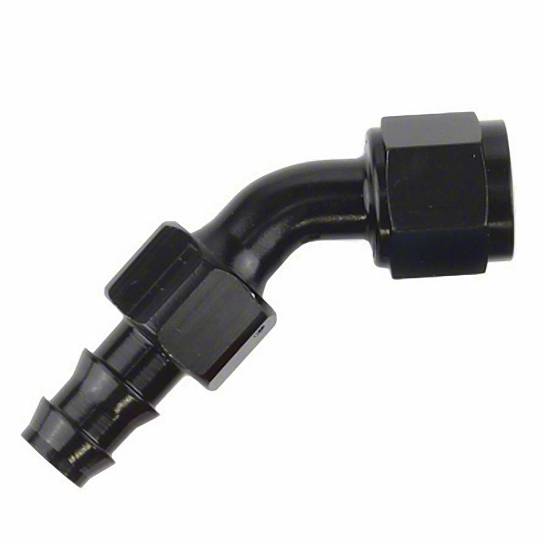 SpeedFX Hose End Fitting, Full Swivel, Push on, -6AN, 45 Degree, Anodized, Black, Aluminum, Single – 520645BK