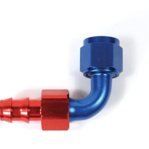 SpeedFX Hose End Fitting, Full Swivel, Push on, -8AN, 90 Degree, Anodized, Red/Blue, Aluminum, Single – 520890