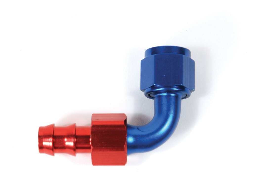 SpeedFX Hose End Fitting, Full Swivel, Push on, -8AN, 90 Degree, Anodized, Red/Blue, Aluminum, Single – 520890