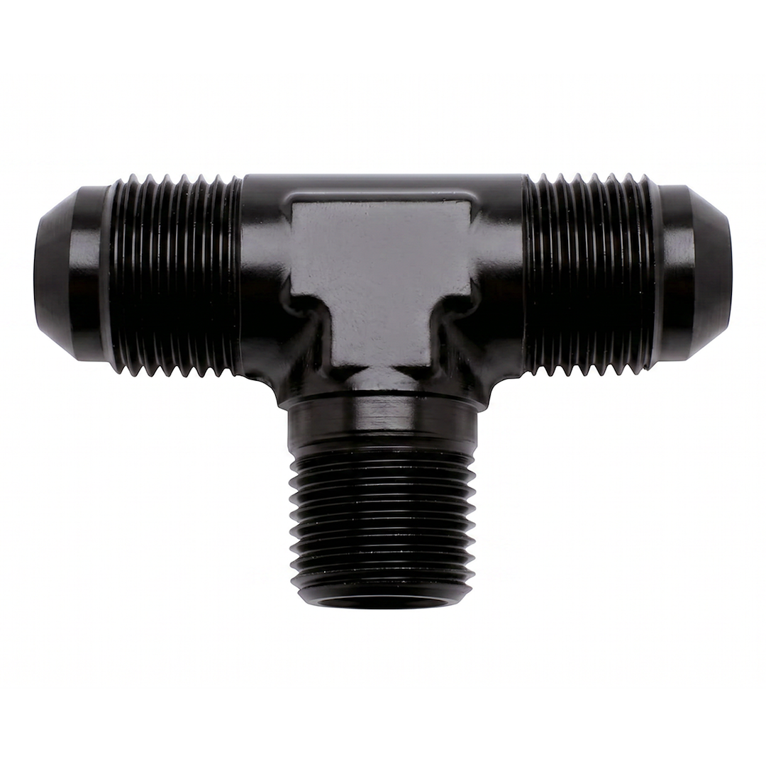 SpeedFX Coupler Fitting, Flare to Pipe Tee, 180 Degree, -4AN X 1/8 Inch NPTF, Anodized, Black, Aluminum, Single – 560425BK