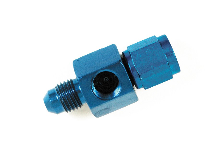 SpeedFX Fuel Pressure Gauge Fitting, -4AN with 1/8 Inch NPTF Port Hole, Blue, Anodized Aluminum – 560441