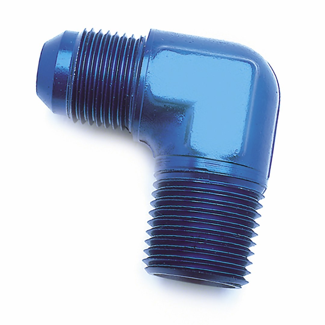 SpeedFX Adapter Fitting, 90 Degree Flare, -6AN X 1/4 NPTF, Blue, Anodized Aluminum, Single – 560682