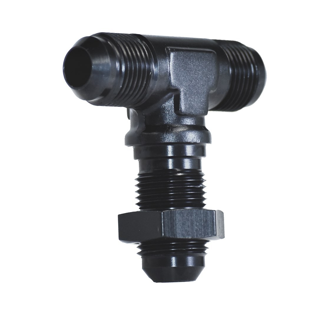 SpeedFX Coupler Fitting, 180 Degree, Bulkhead Flare Tee, -10AN, Anodized, Black, Aluminum, Single – 561034BK