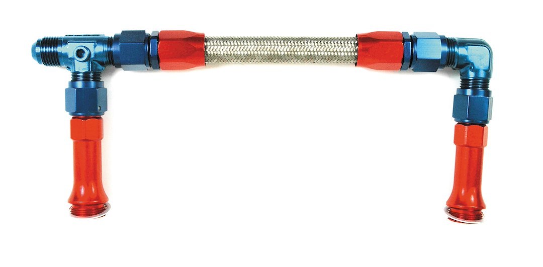 SpeedFX Carburetor Fuel Line, Used with Holley Dual Feed 4150 Carburetor, Red/Blue -8AN Fitting with 1/8 NPT Port, 7/8-20 Thread – 575115