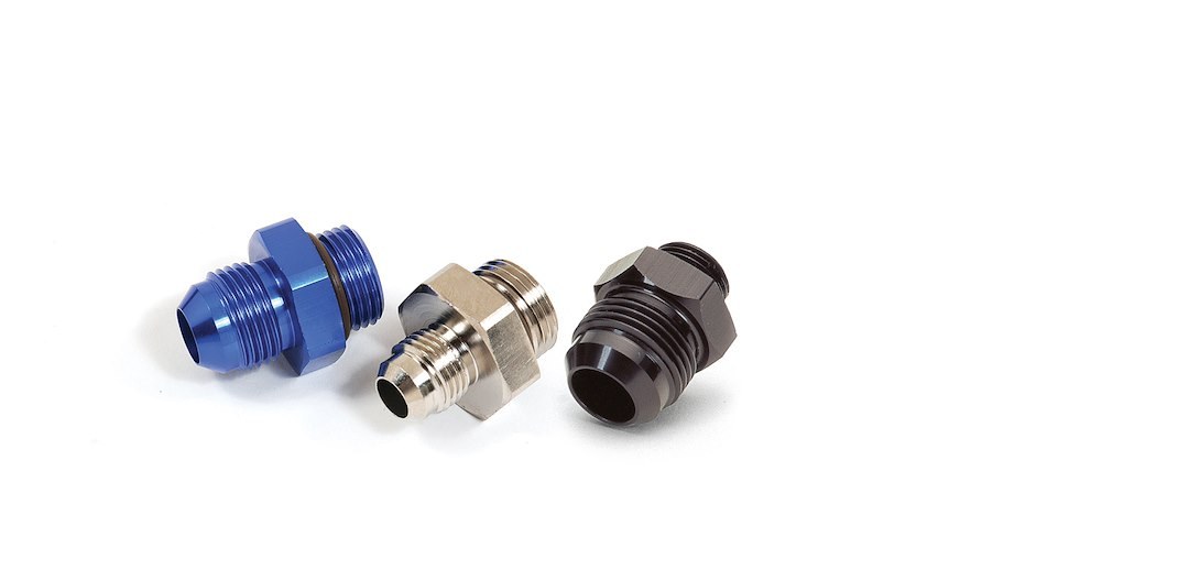 SpeedFX Adapter Fitting, Dry Sump, -6AN (9/16 Inch-18) Port Thread to -6AN Male Flare, Black, Anodized Aluminum, With O-Ring, Single – 577066