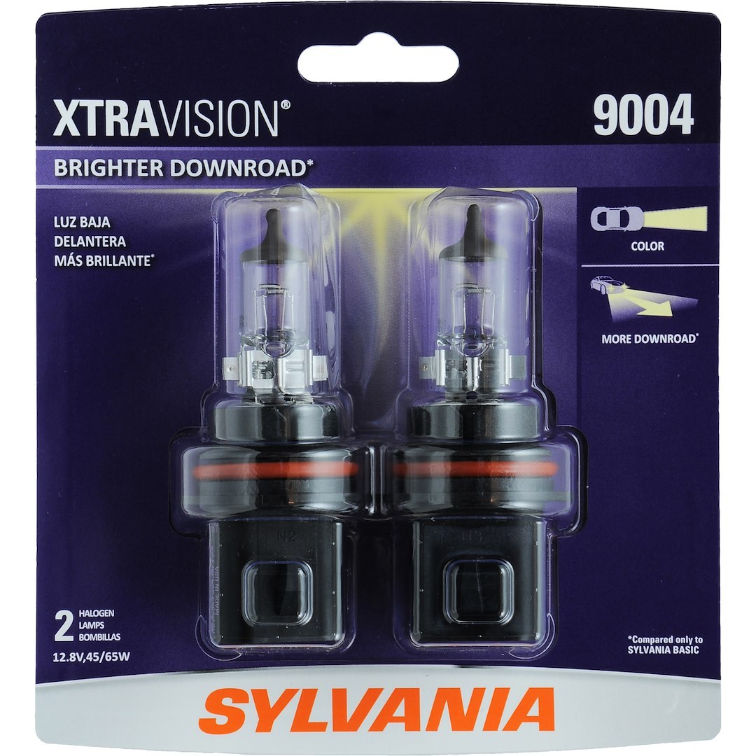 Sylvania Headlight Bulb, Xtravision, 9004, Halogen Bulb, 45 Watt Low Beam/ 65 Watt High Beam, 12.8 Volt, Clear, Set of 2, Blister Pack – 33461