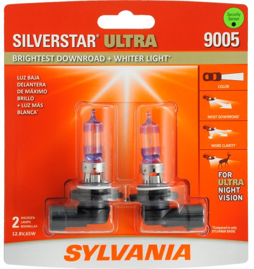 Sylvania Headlight Bulb, Silver Star® Ultra, 9005, Halogen Bulb, 65 Watt, 12.8 Volt, White Beam Color, Set of 2, Blister Pack – 35614