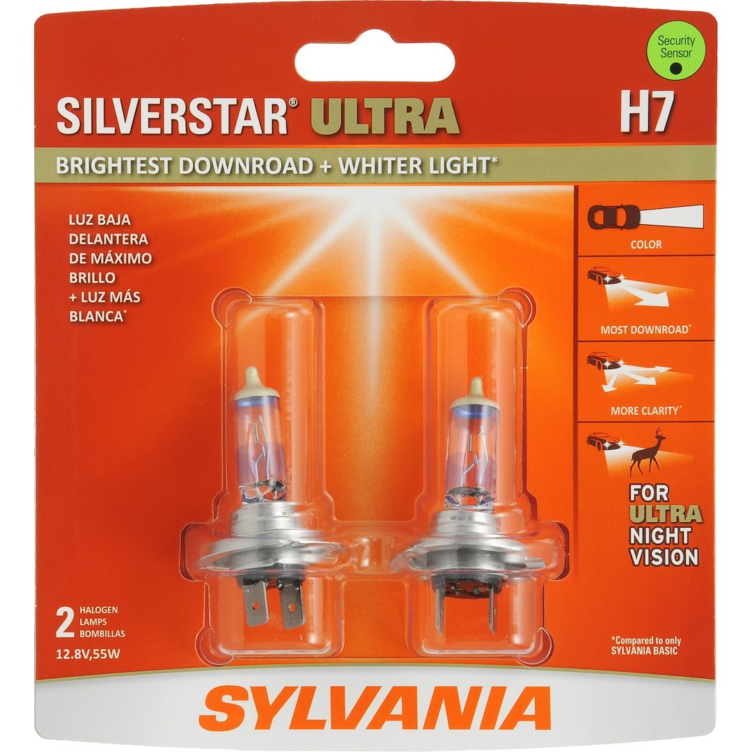 Sylvania Headlight Bulb, Silverstar® Ultra, H7, Halogen Bulb, 55 Watt, 12.8 Volt, White Beam Color, Set of 2, Blister Pack – 35624