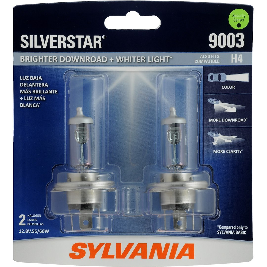 Sylvania Headlight Bulb, Silverstar®, 9003, Halogen Bulb, 55 Watt Low Beam/ 60 Watt High Beam, 12.8 Volt, White Beam Color, Set of 2 – 36344