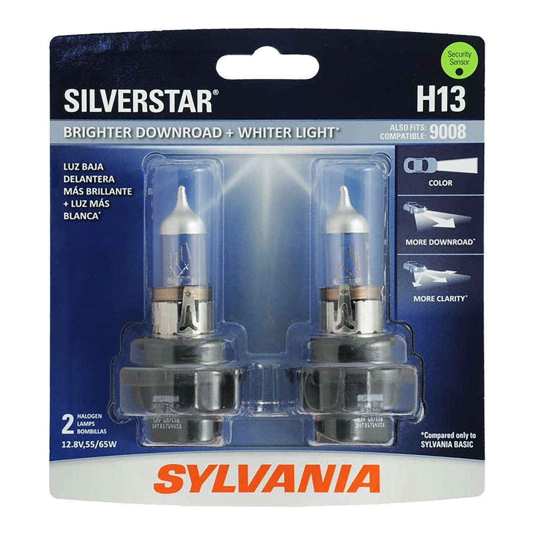 Sylvania Headlight Bulb, Silverstar®, H13, Halogen Bulb, 55 Watt Low Beam/ 65 Watt High Beam, 12.8 Volt, White Beam Color, Set of 2 – 36356