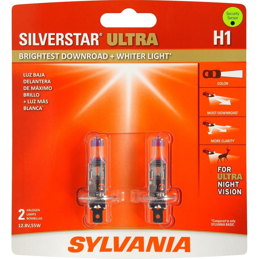 Sylvania Headlight Bulb, Silverstar Ultra, H1, Halogen Sealed Beam, 55 Watt, 12.8 Volt, White Beam Color, Set of 2, Blister Pack – H1SU.BP2